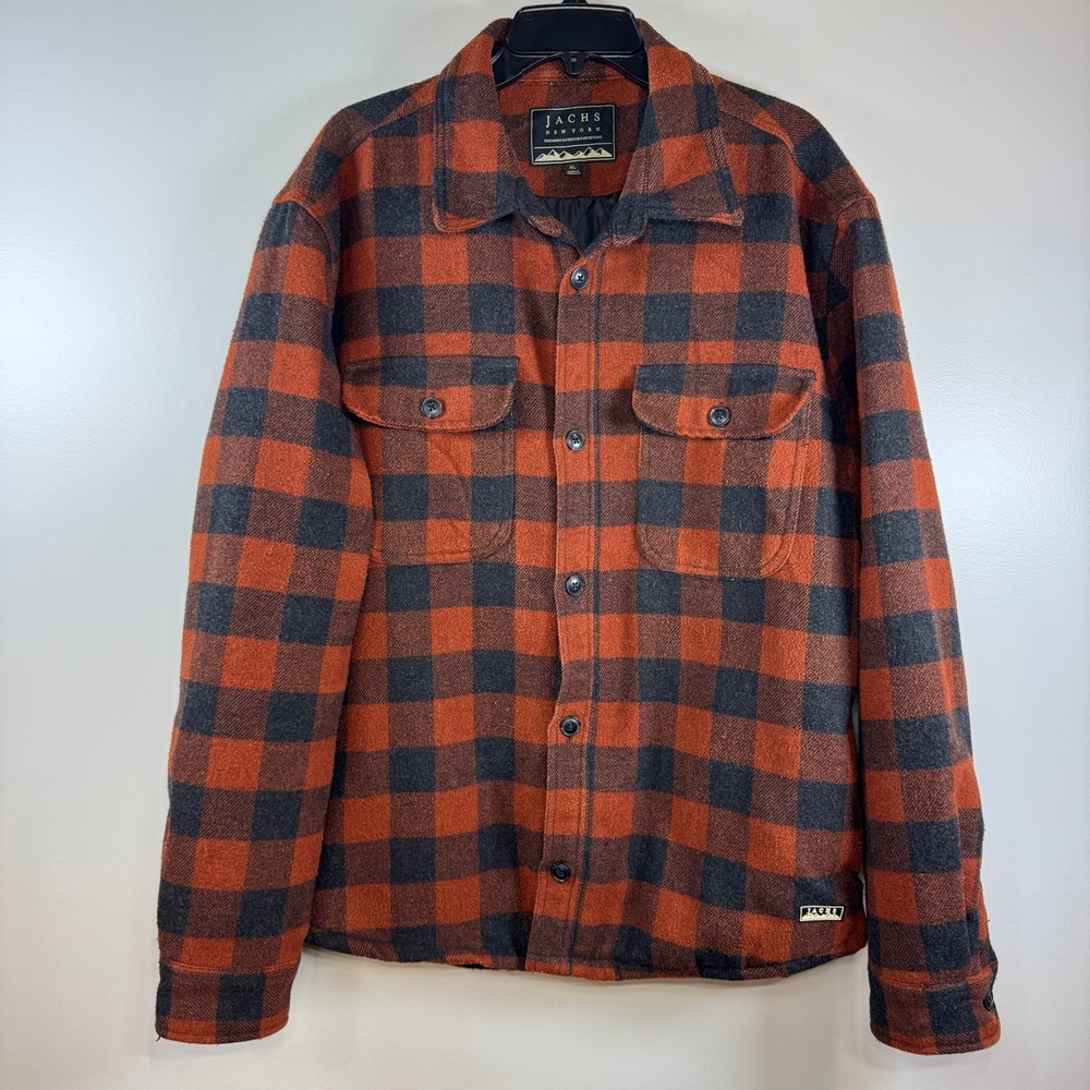 Jachs New York Shacket Men's XL Orange/Black Plaid Wool-Blend Shirt Chore Jacket